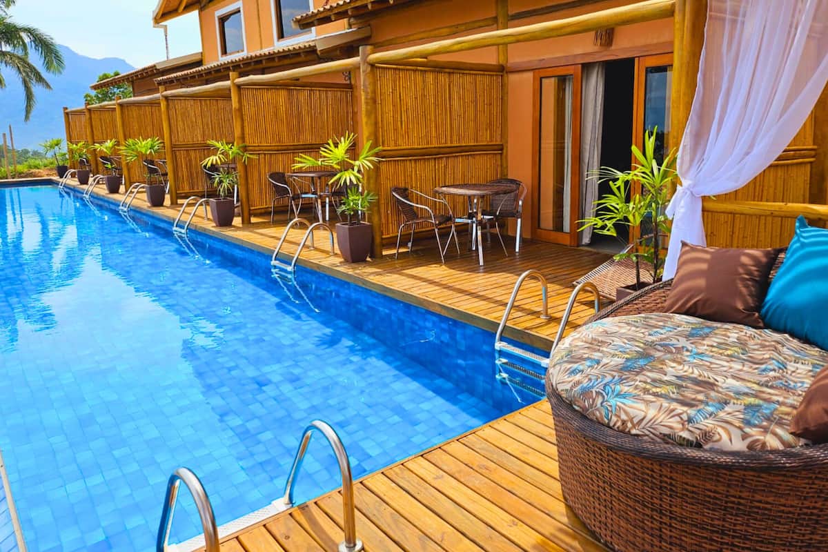Un espace aménagé au bord de la piscine, avec une terrasse en bois, des chaises longues et des plantes en pot.