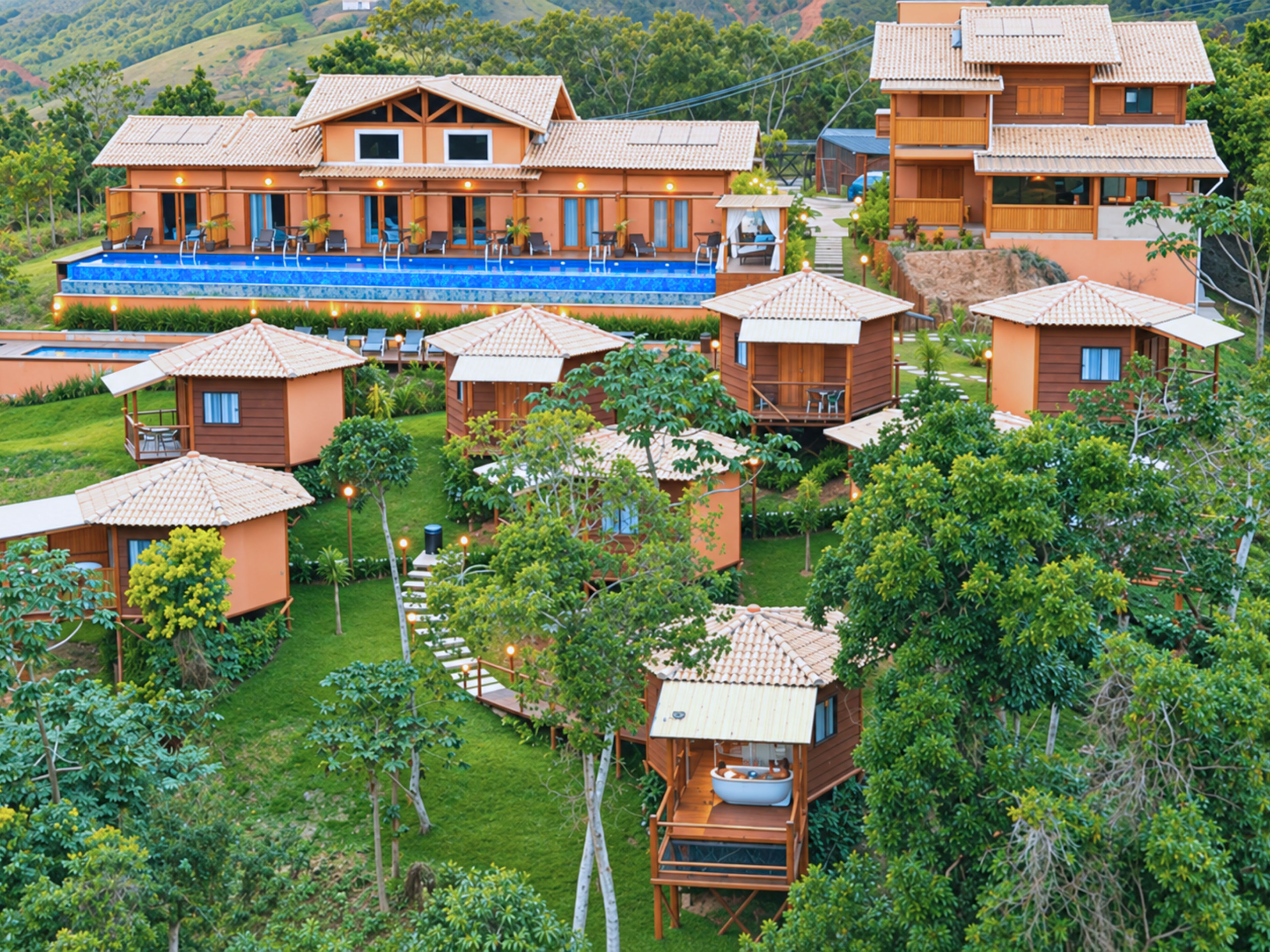 A resort with multiple wooden cabins, a swimming pool, and a lush garden.