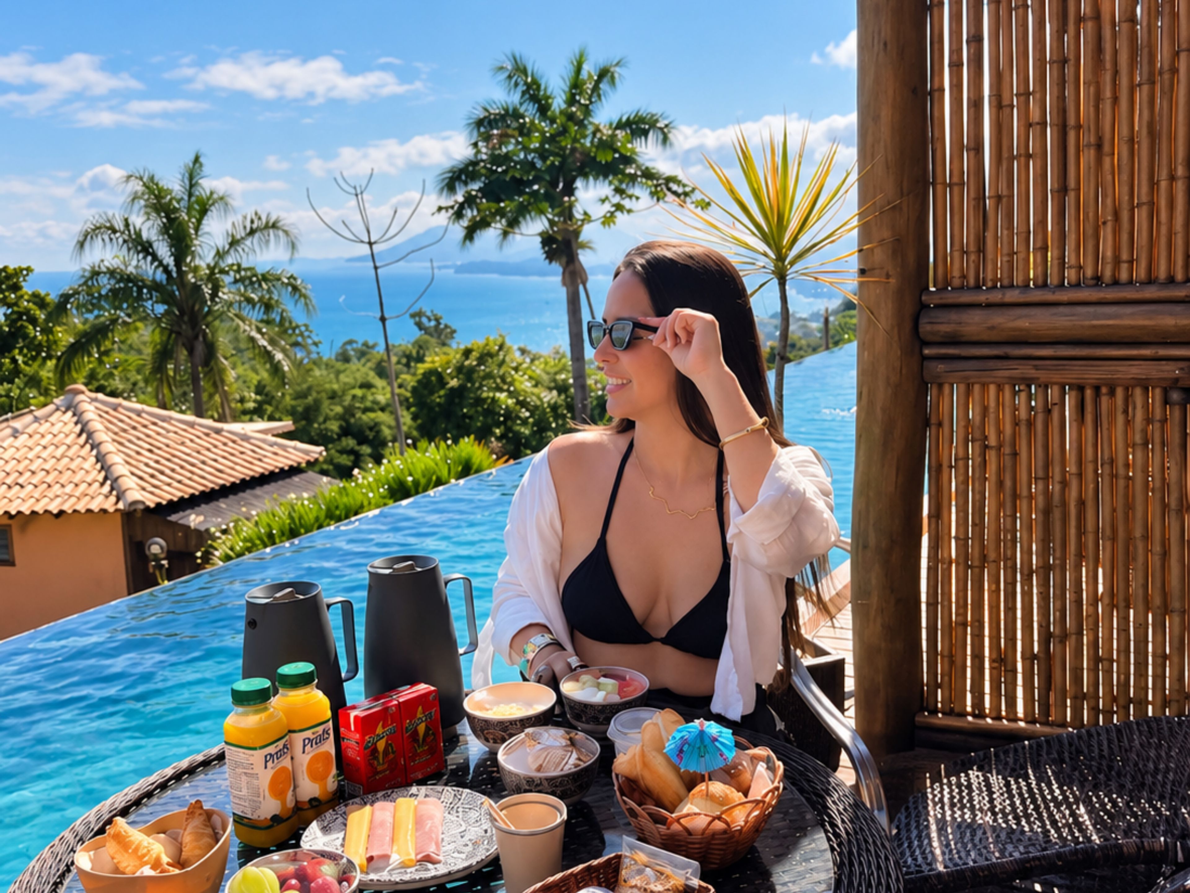 Eine Person sitzt am Pool mit einem Tisch voller Frühstück und blickt auf eine tropische Landschaft.