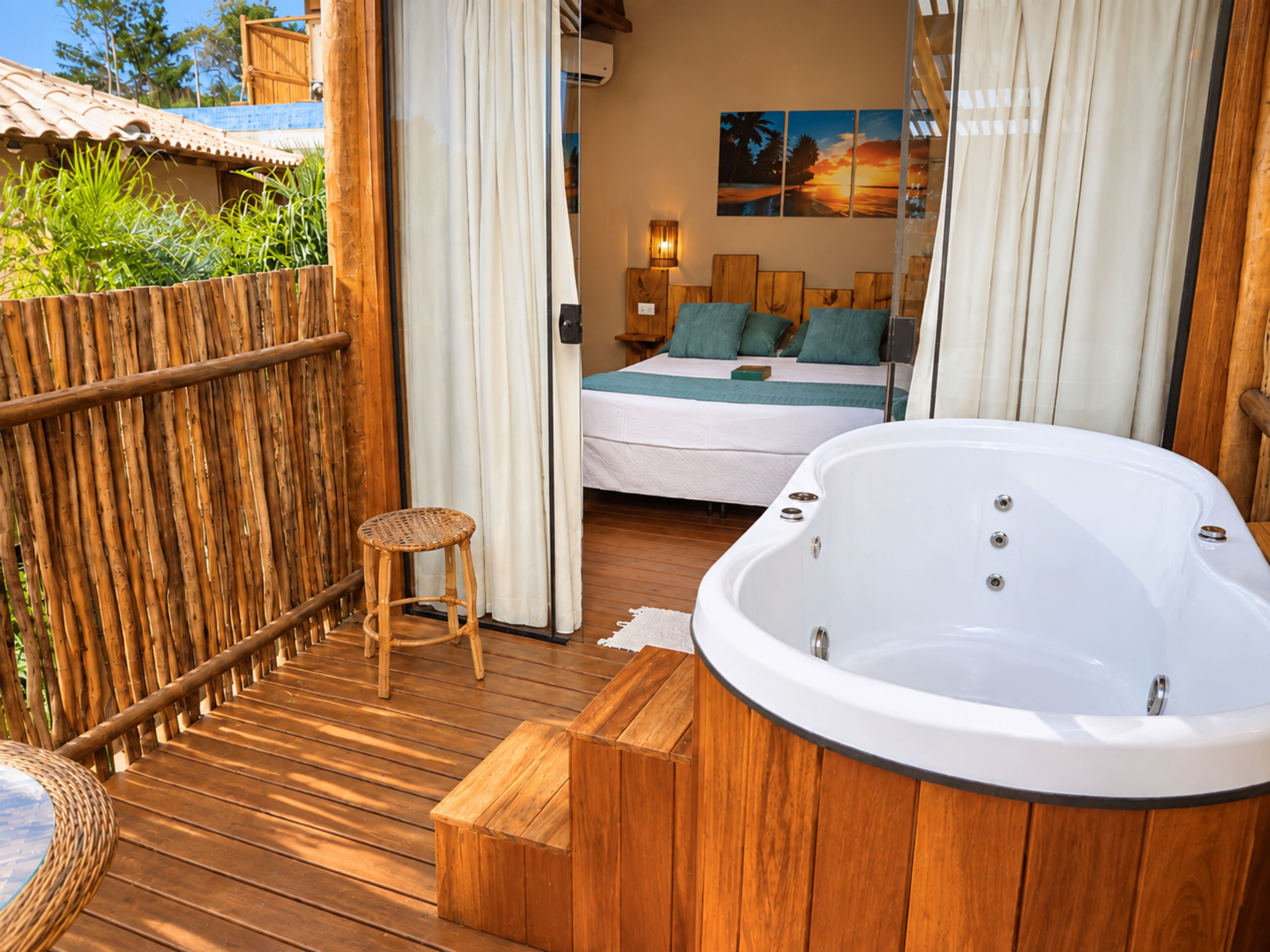 A wooden deck with a hot tub, a bed with pillows, and a painting on the wall.
