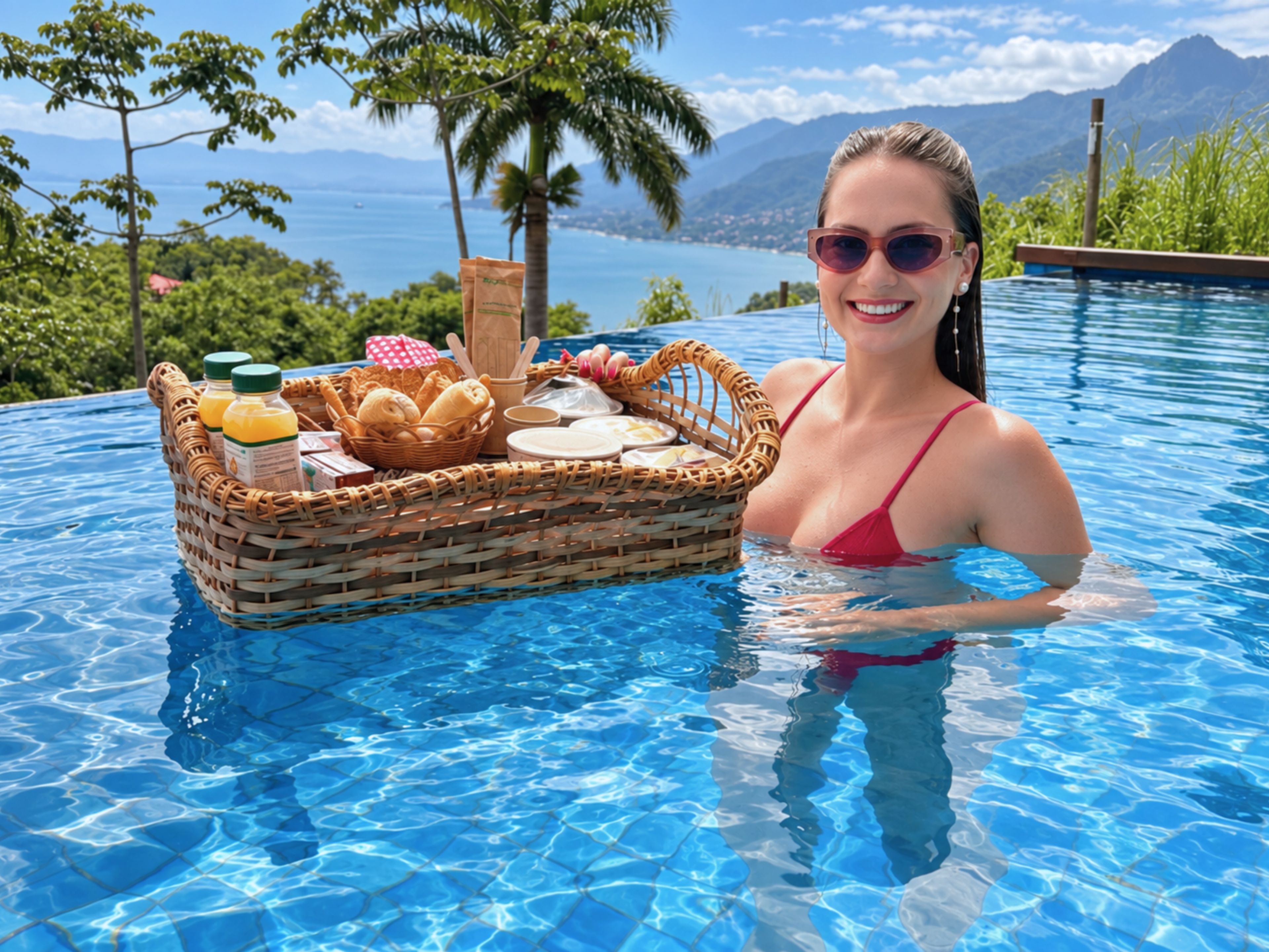 Una piscina con una cesta de mimbre que contiene comida y bebidas, rodeada por un paisaje tropical con montañas al fondo.