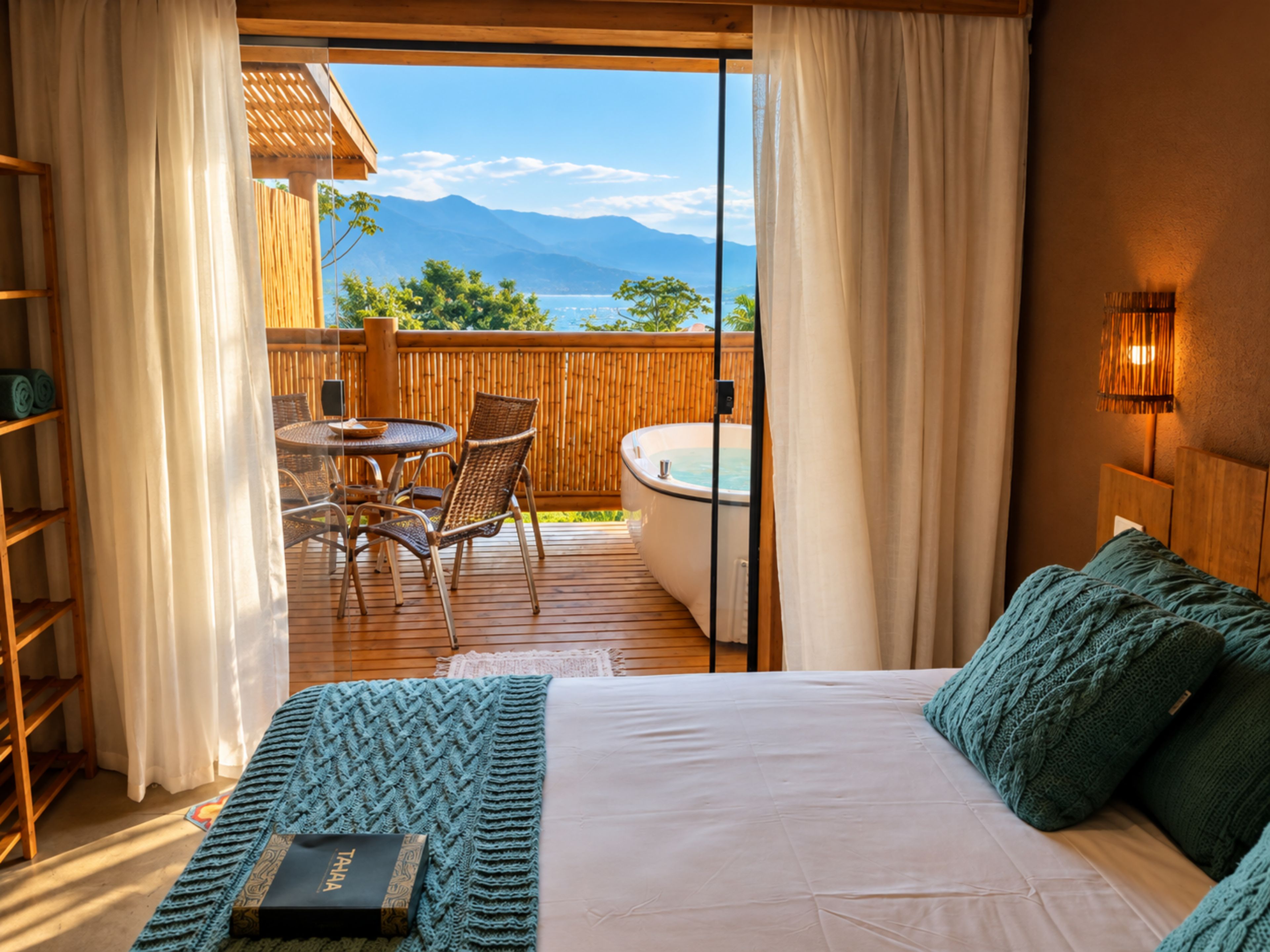 Quarto com cama, vista para uma banheira de hidromassagem e área externa com assentos, e deck de madeira.