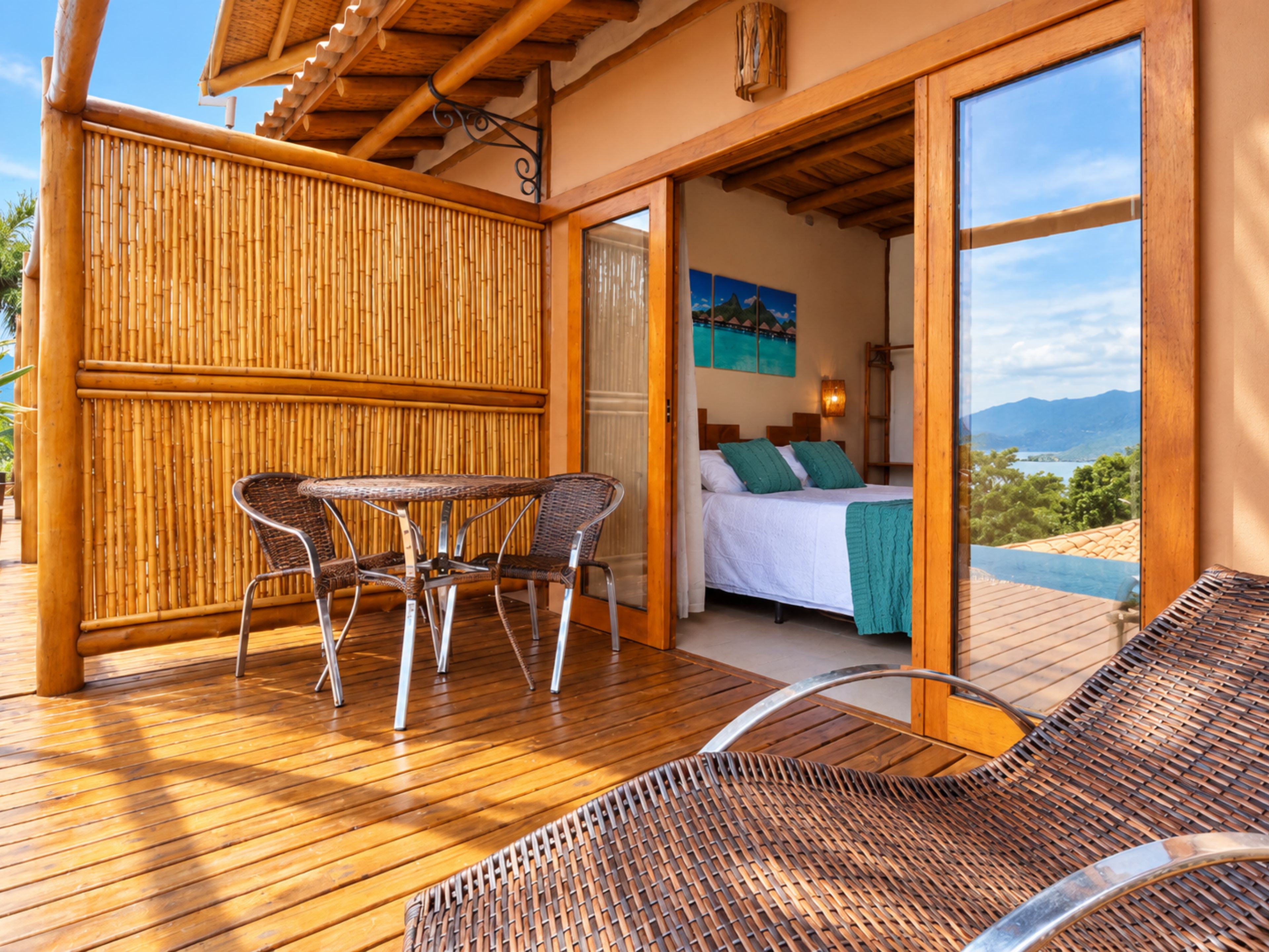 A wooden deck with a table and chairs, a bed with green pillows, and a view of the landscape.