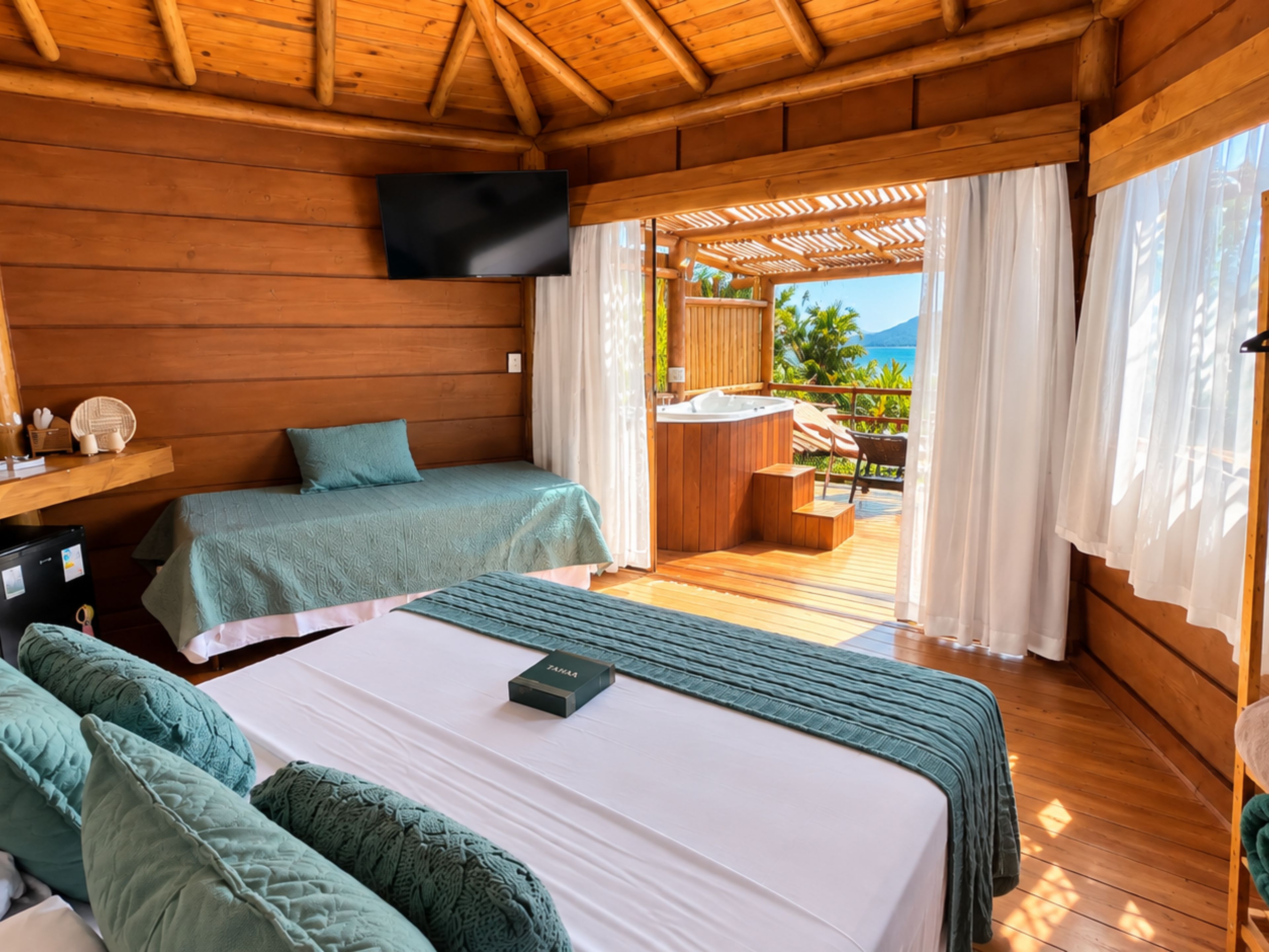 Een kamer met twee bedden, een televisie en uitzicht op het groen.