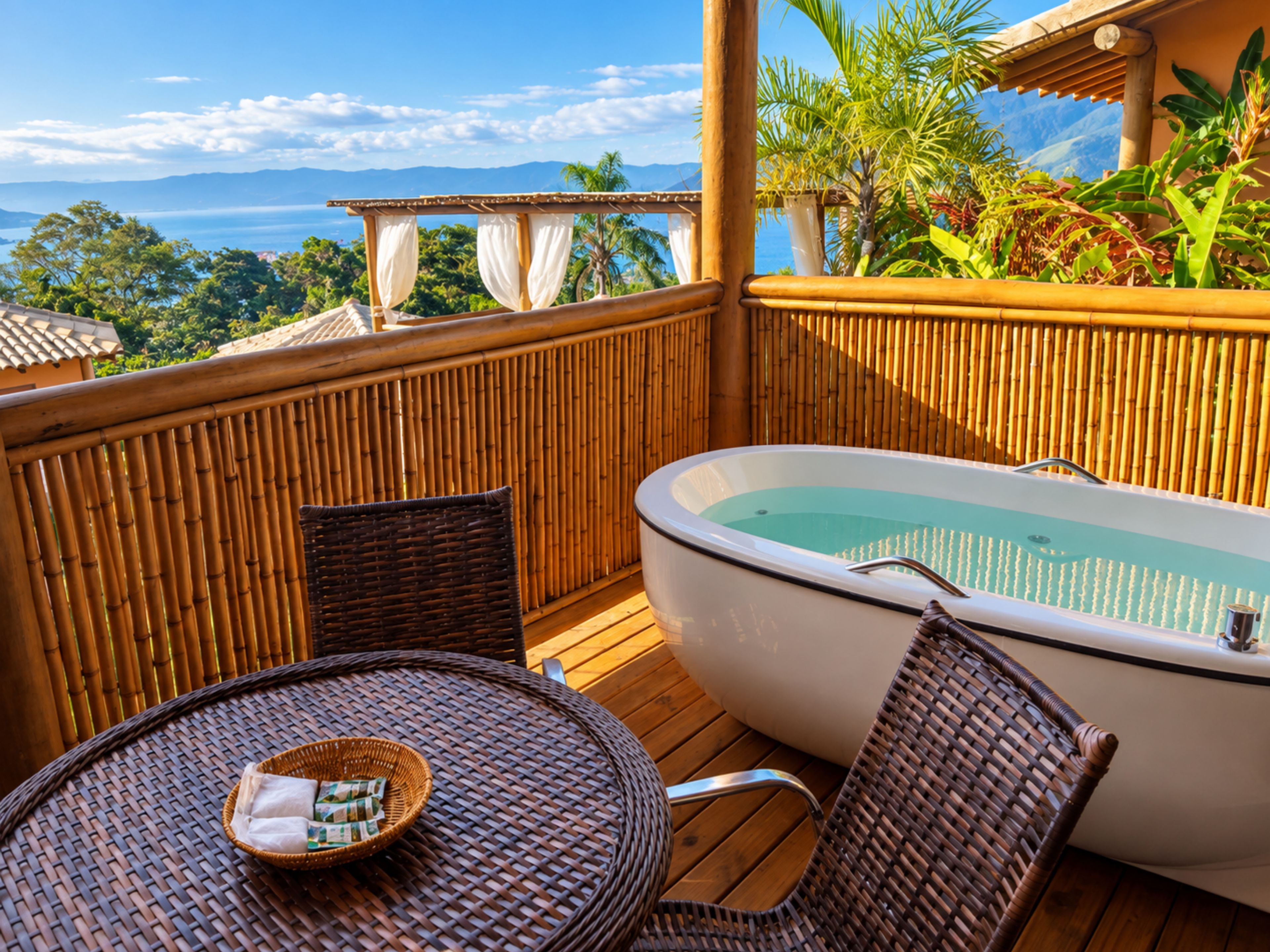 A wooden deck with a hot tub, wicker chairs, and a table with a basket of money.