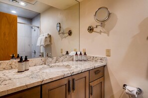 Hair dryer, towels, soap, toilet paper