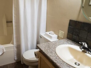 Hair dryer, towels, soap, toilet paper