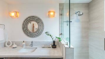 Hair dryer, towels, soap, shampoo