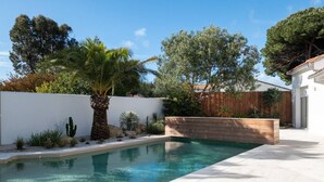 A swimming pool with a wooden deck, surrounded by a white wall and various plants.