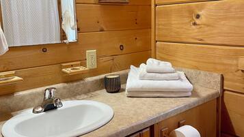 Hair dryer, towels, soap, shampoo