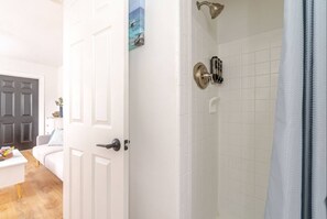 Hair dryer, towels, soap, shampoo