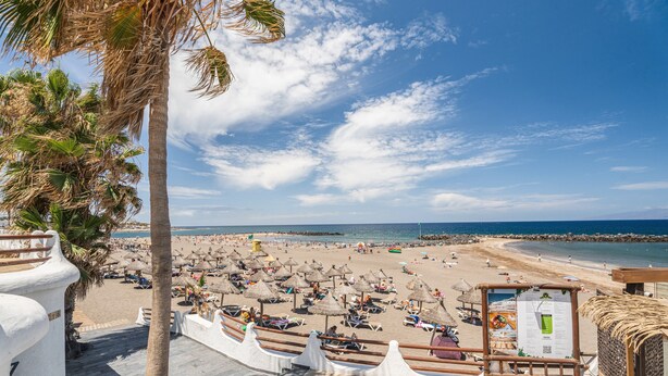 A beach view from a terrace with palm trees, a wooden deck, and a beach area with umbrellas and lounge chairs. - Vacation Apartment 'Apto Veracruz' with Shared Pool, Private Terrace and Wi-Fi (Costa Adeje)