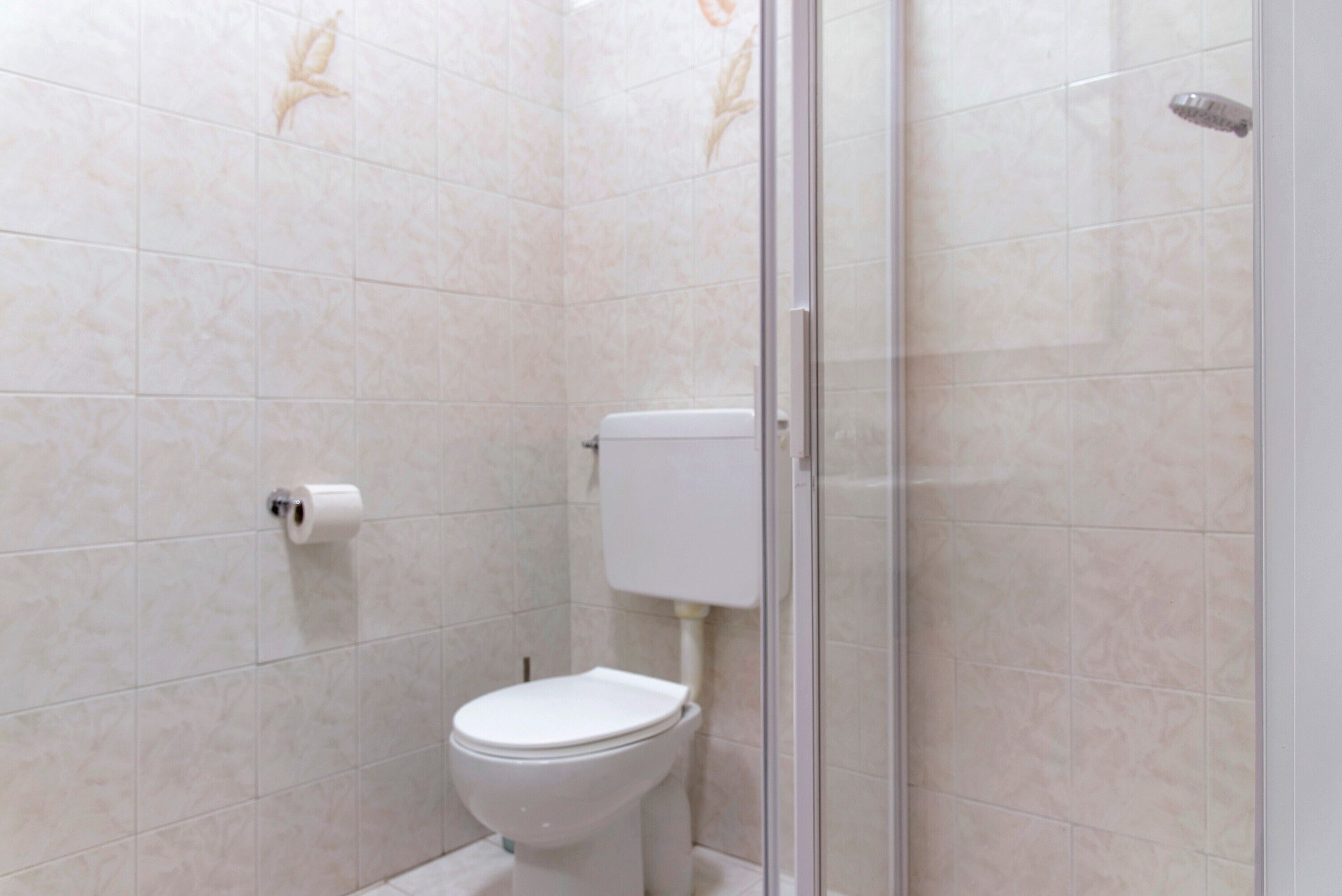 A bathroom with a toilet, a toilet paper holder, and a shower area with a glass door.