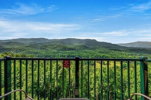 Un balcon avec vue sur une chaîne de montagnes boisées.
