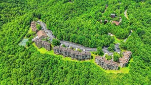 Vista aérea de una zona residencial con varios edificios de apartamentos rodeados de vegetación densa.
