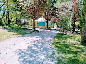 A pathway leading to a building with a blue and orange exterior, surrounded by trees and greenery.