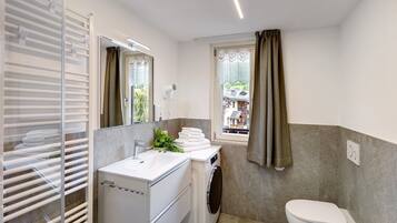 Shower, hair dryer, towels
