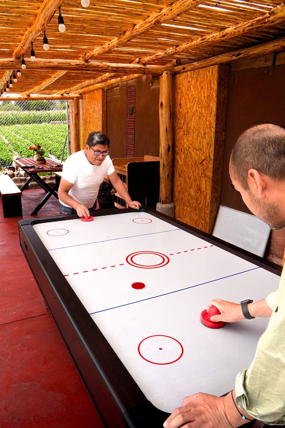 An indoor shuffleboard table with two players, a wooden ceiling, and a view of a garden outside.