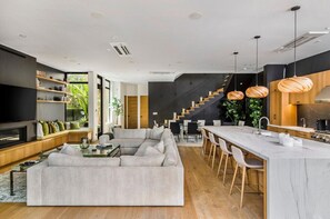 TV connectée, cheminée, livres, chaîne hi-fi