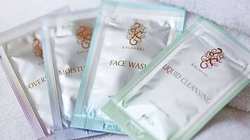 Hair dryer, towels, soap, shampoo