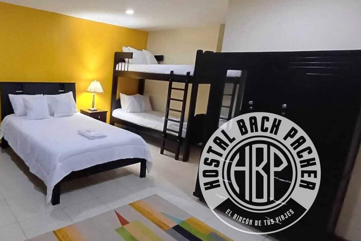 A hotel room with bunk beds, a bedside table with a lamp, and a colorful rug.