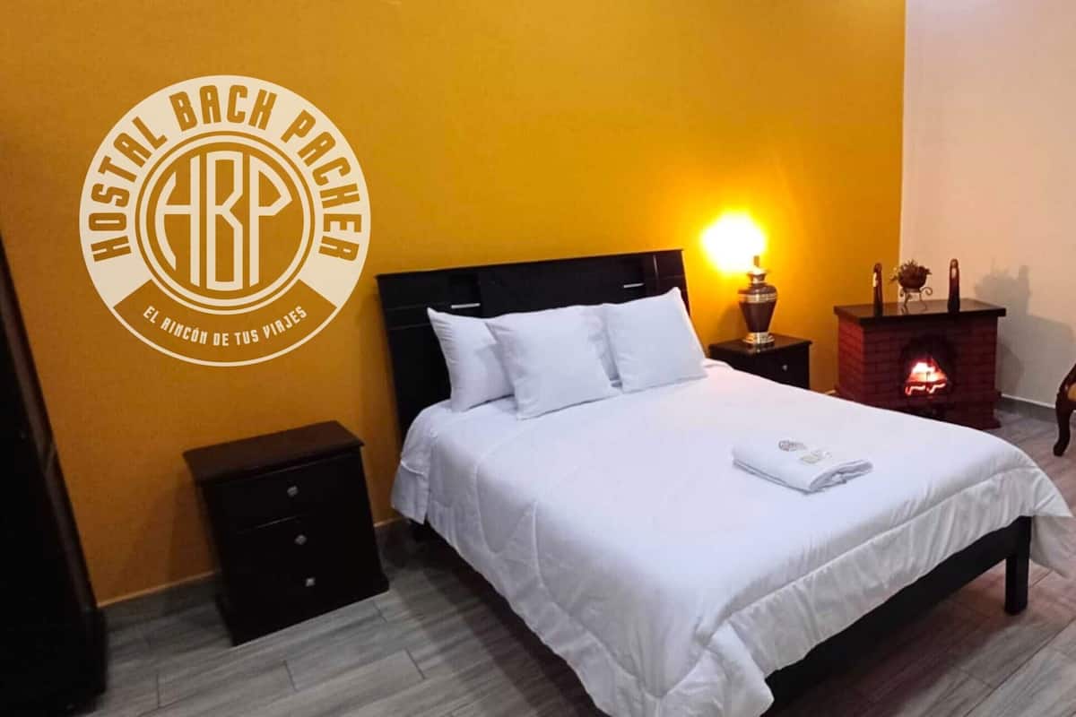 A hotel room with a bed, a nightstand, a chair, and a fireplace.