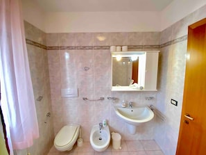 A bathroom with a bidet, a sink, a mirror, and a shower curtain.