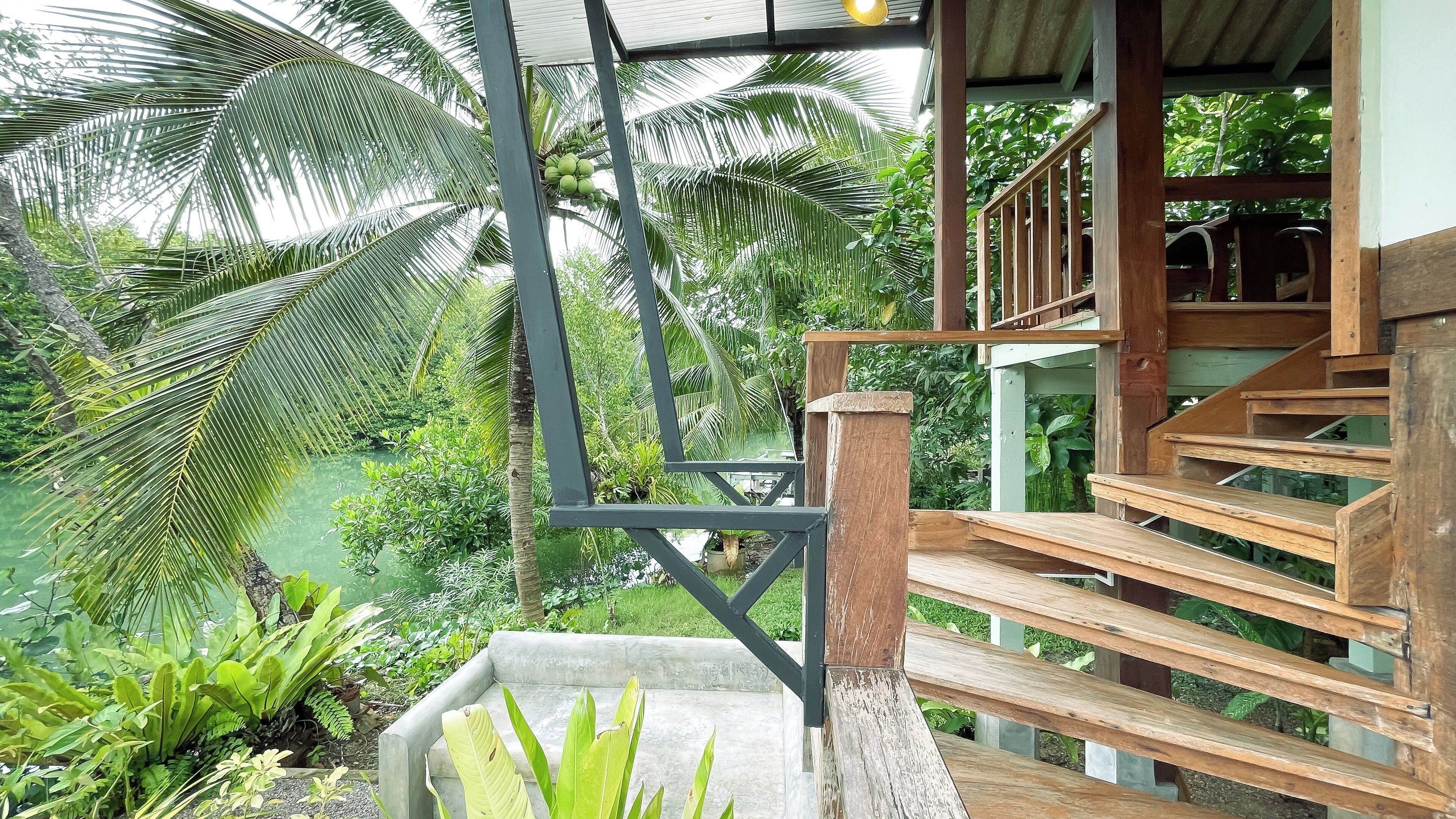 A wooden staircase leading to a covered area with a view of lush greenery and palm trees.