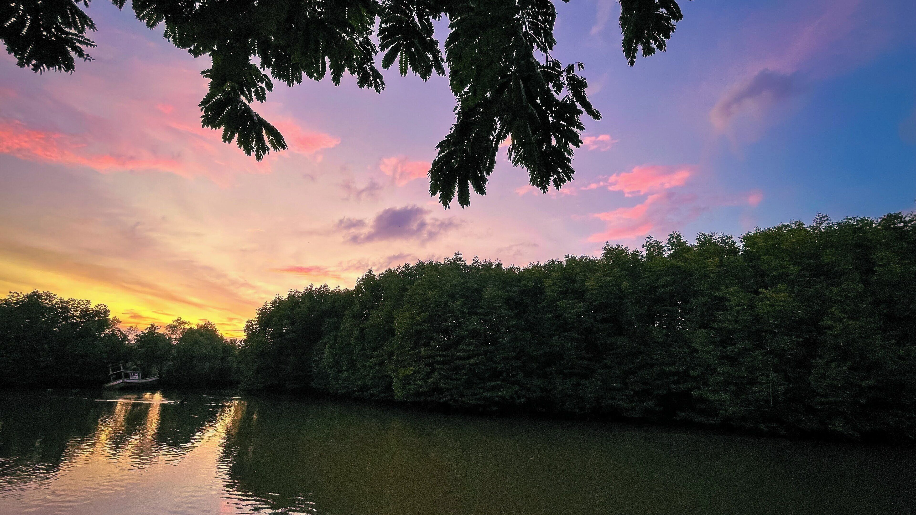 A serene river scene with dense foliage and a boat in the foreground.