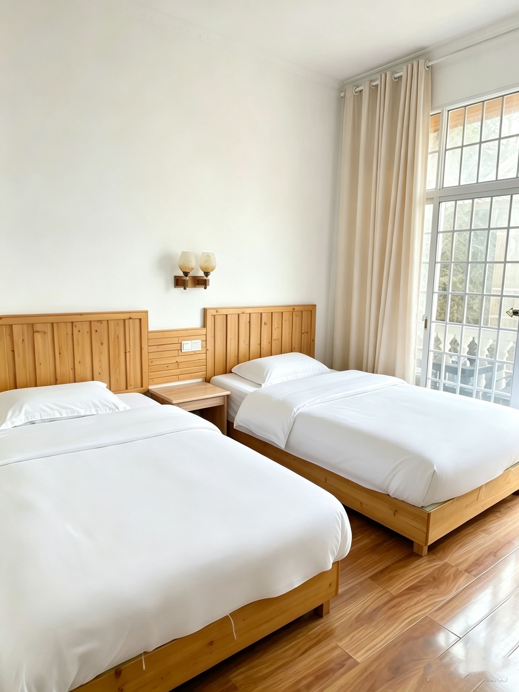 A hotel room with two single beds, wooden headboards, a nightstand, a wall-mounted lamp, and a large window with curtains.