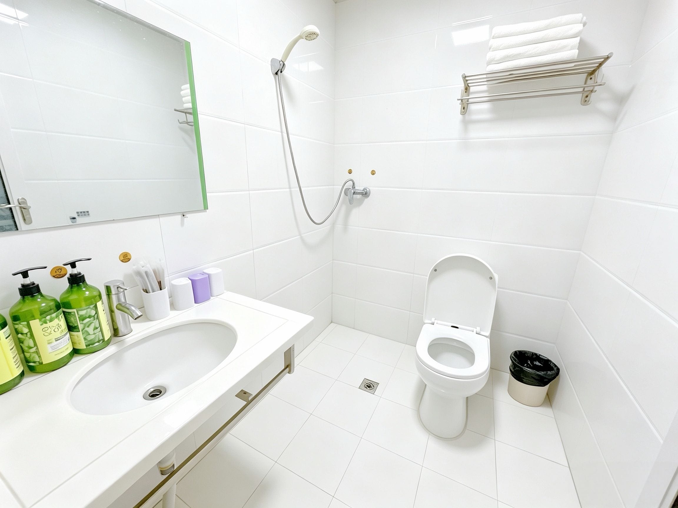 Un baño moderno con lavamanos doble, inodoro y ducha.