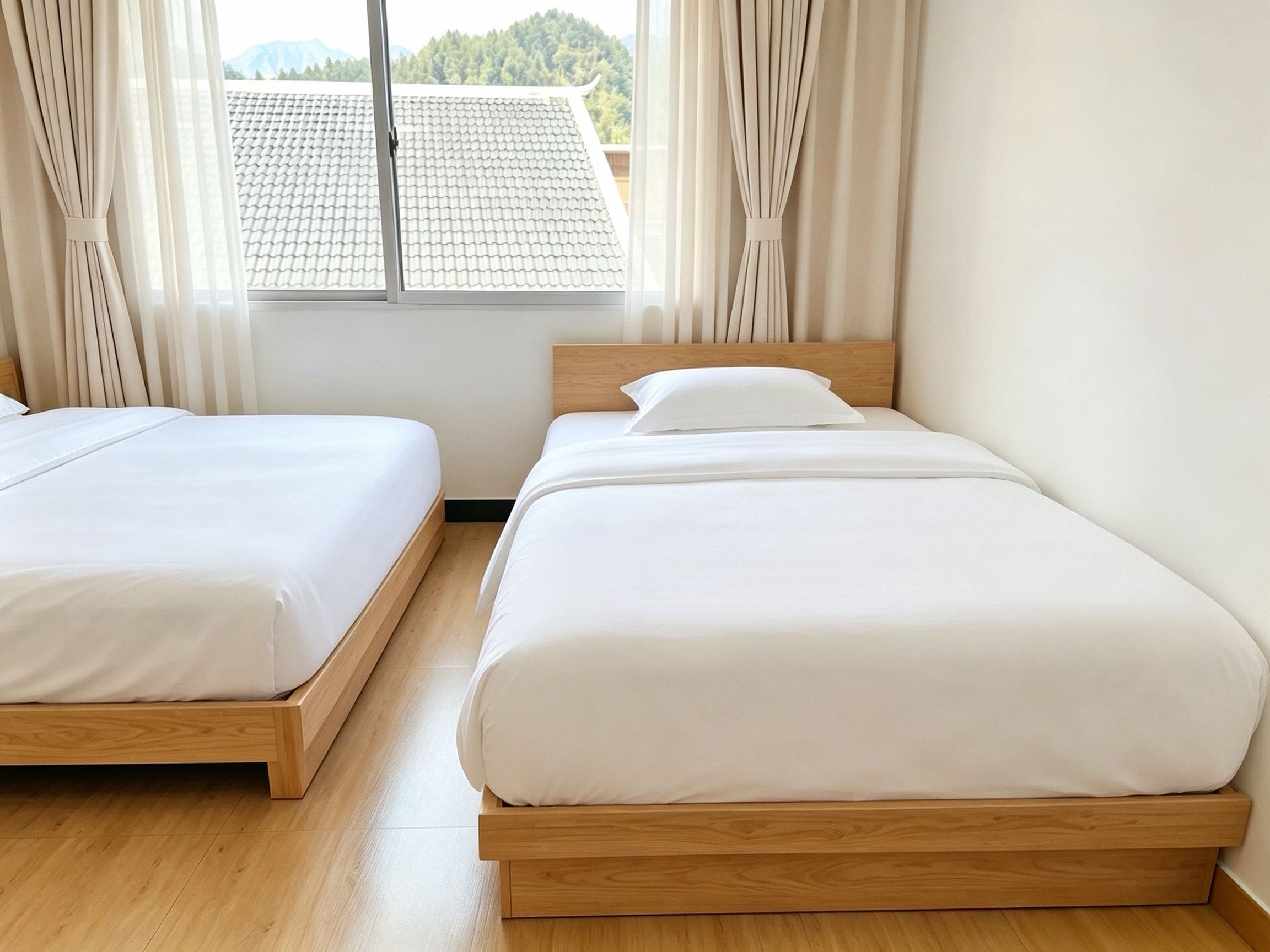 Two single beds with wooden frames and white bedding in a room with a wooden floor and a window with curtains.