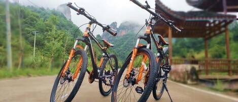 Two mountain bikes parked on a paved path with a traditional wooden structure in the background.