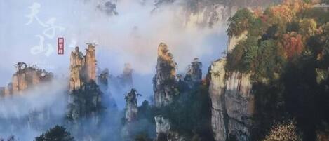 A mountainous landscape with rocky cliffs and dense forest.
