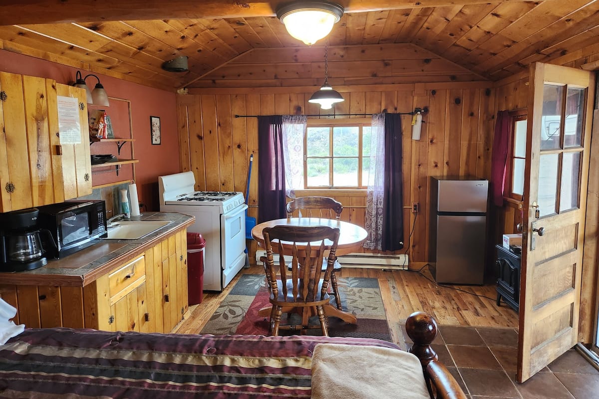 A cozy cabin with wooden walls, a dining area, a kitchen with a stove and microwave, and a refrigerator.