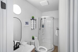 A modern bathroom with a glass-enclosed shower, a toilet, a sink, and a mirror.