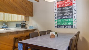 A dining area with a table and chairs, a kitchen area with wooden cabinets and a microwave, and a wall with directional signs for various food items.