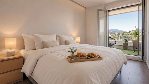 A bedroom with a large bed, bedside tables, a tray of breakfast, and a balcony with a view. - Jardines Guadaiza 2 | Sea Views Terrace Bbq (Marbella)