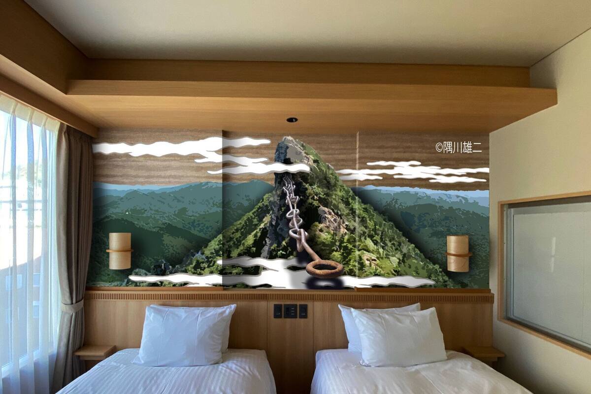 A hotel room with two beds, a large mural of a mountain landscape, and a wooden ceiling.