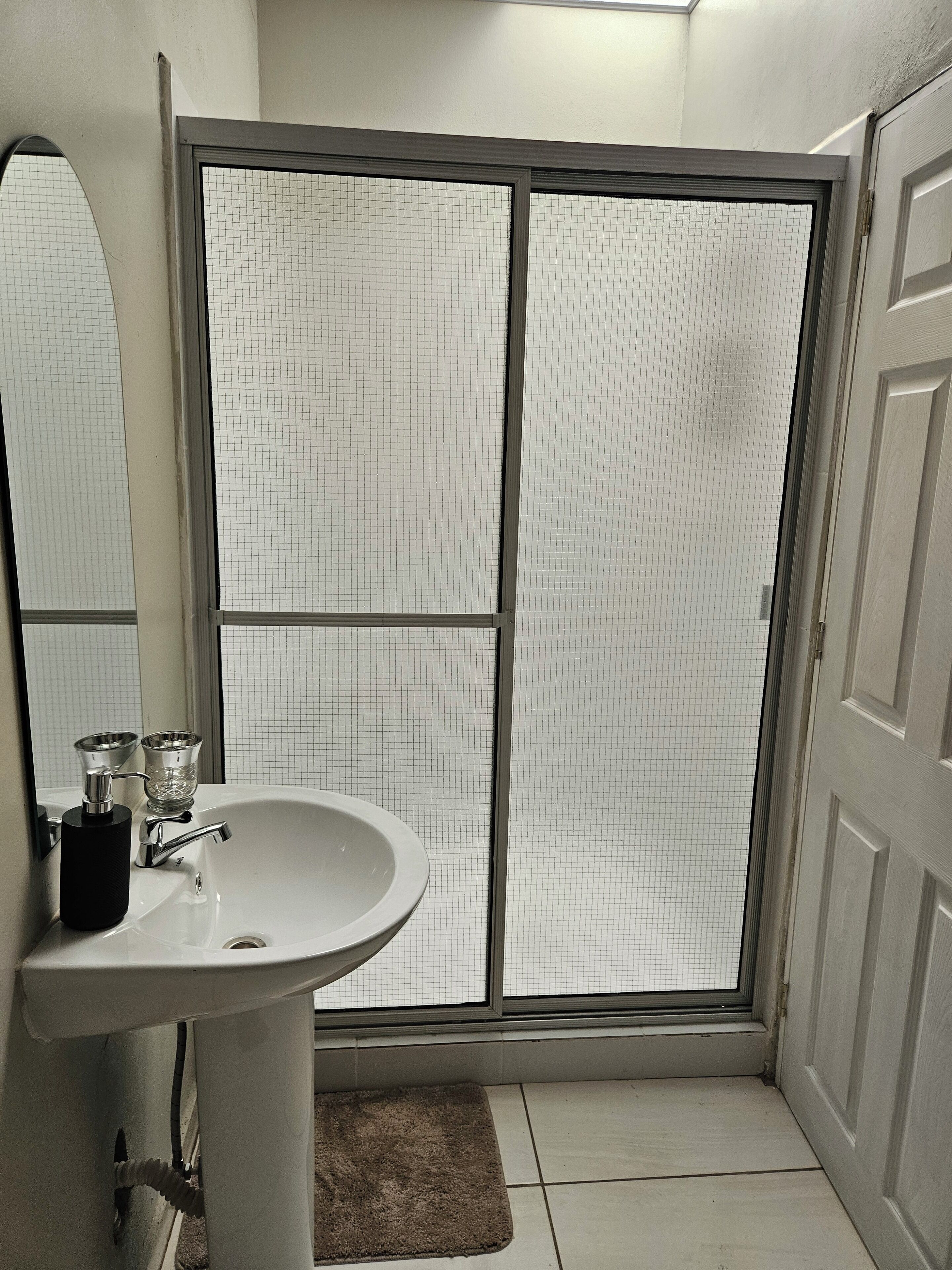 Une salle de bain avec un lavabo blanc, un miroir et une douche dotée d’une porte en verre.