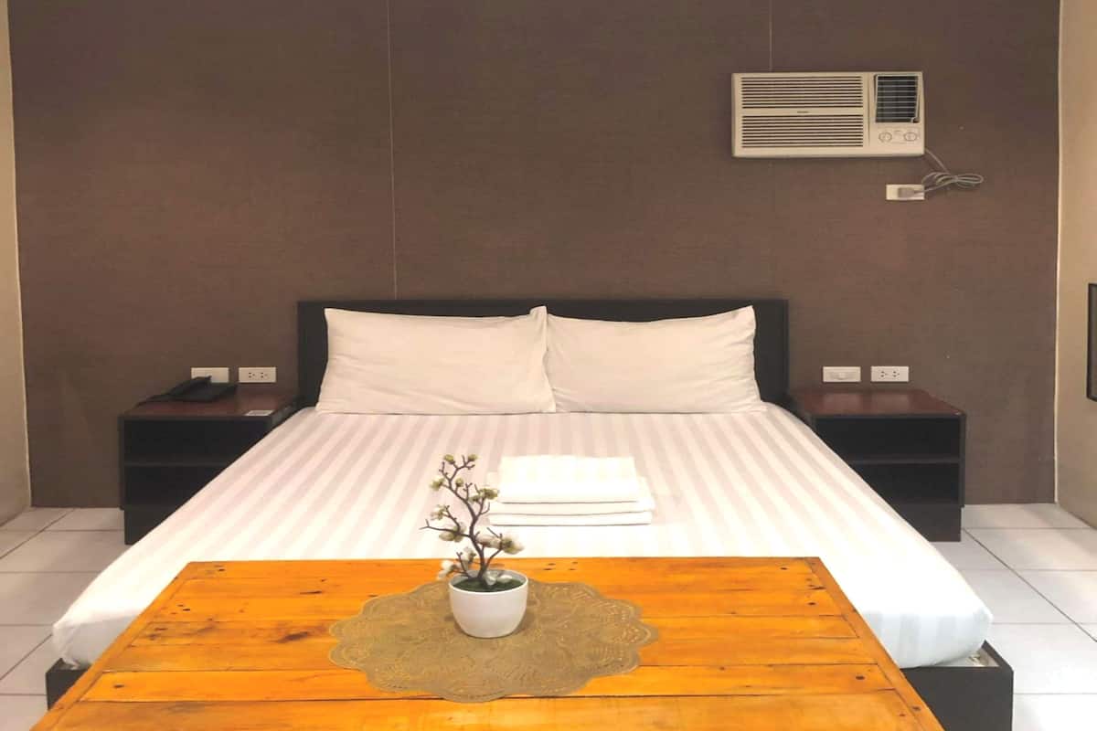 Una camera d'hotel con un letto, comodini, un condizionatore d'aria e un tavolo di legno con una pianta in vaso.