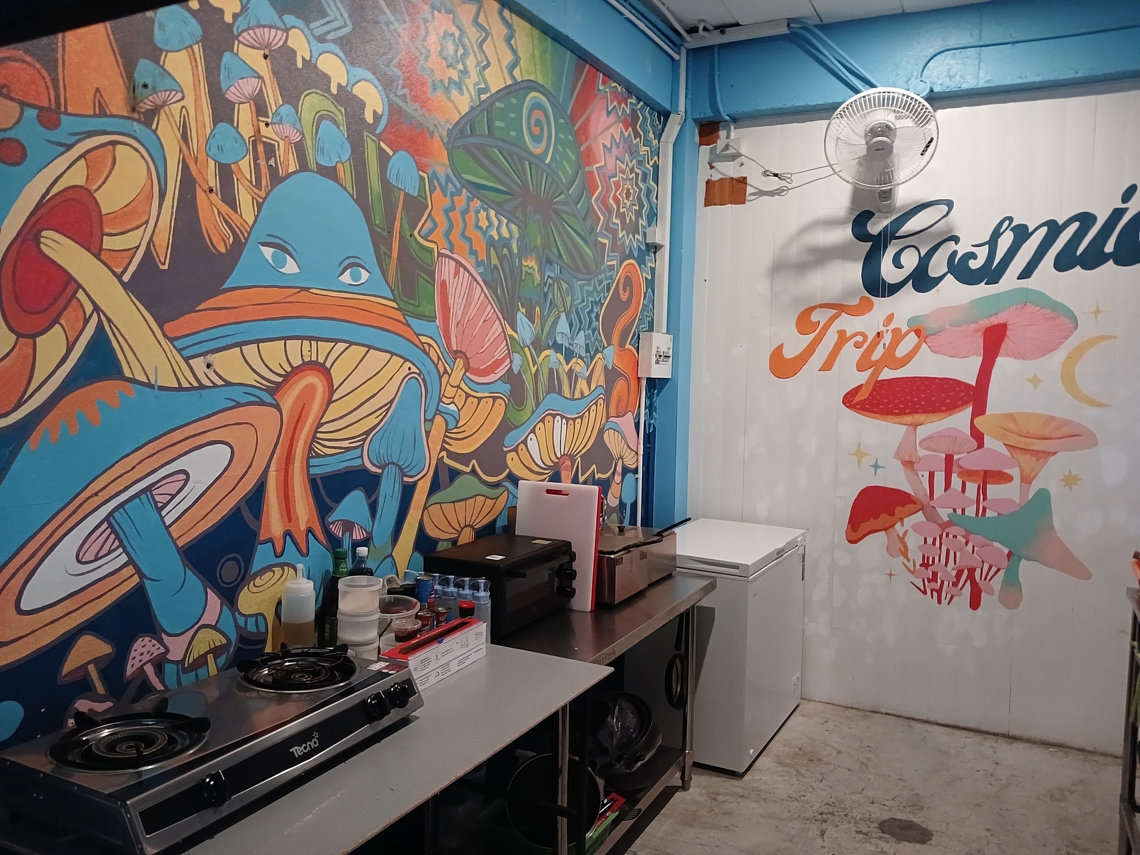 A kitchen with a colorful mural, a stove, and a refrigerator.