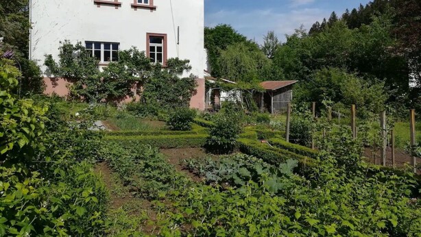 Ein zweistöckiges Haus mit rotem Ziegeldach, umgeben von einem gepflegten Garten mit verschiedenen Pflanzen und einer kleinen Bausubstanz.