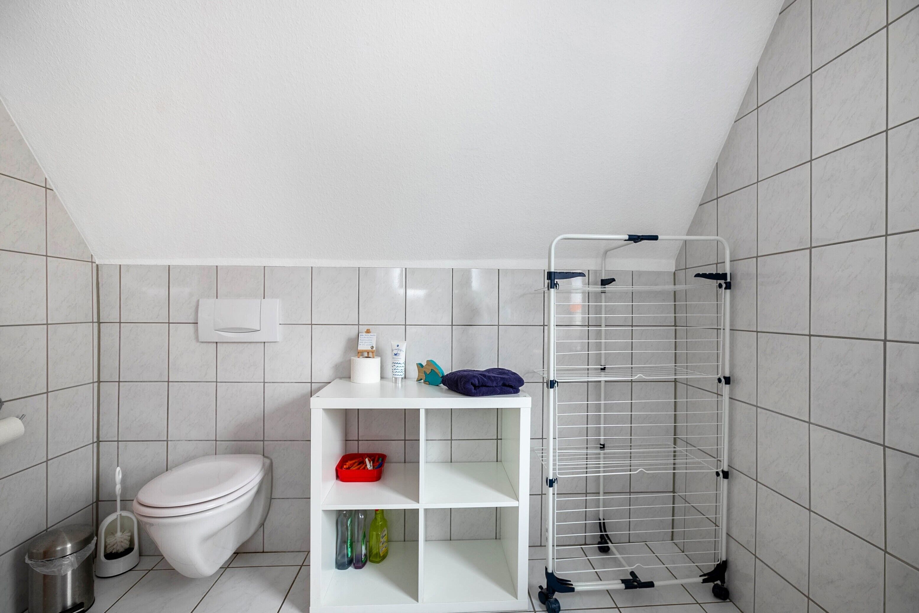 A bathroom with a toilet, a shelf with toiletries, and a drying rack.