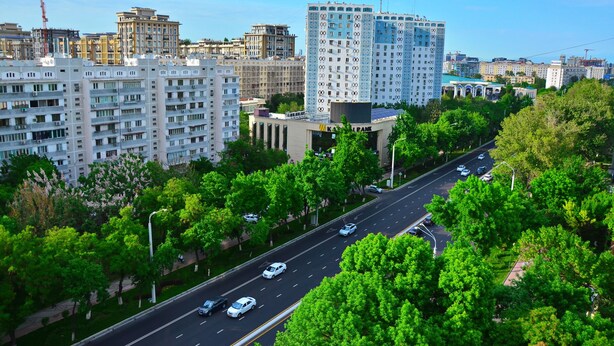 A multi-story building with a modern architectural design, surrounded by lush green trees and a clear road with vehicles. - Karvan-N (Tashkent)