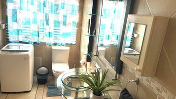 Shower, towels, toilet paper