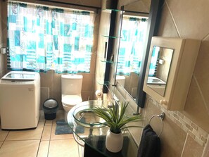 Shower, towels, toilet paper