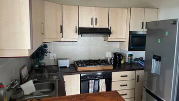 Fridge, microwave, oven, cookware/dishes/utensils