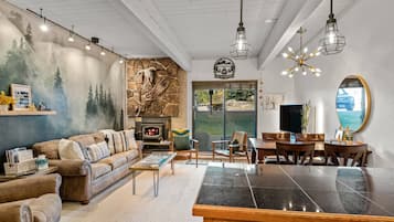 Smart TV, fireplace, books