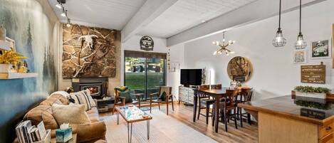 Smart TV, fireplace, books